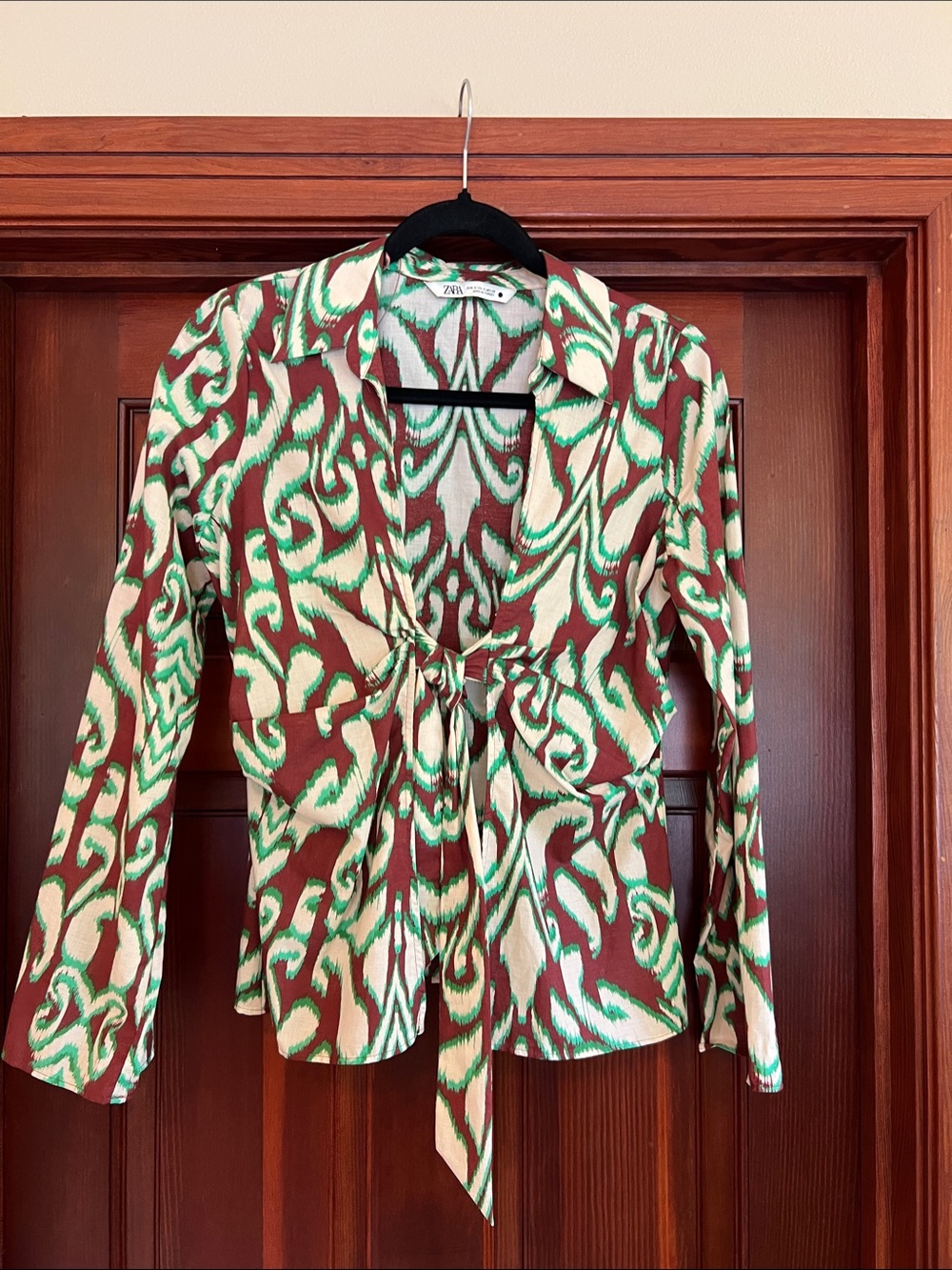 Zara Brown, Green & Cream Tie-Front Printed Blouse